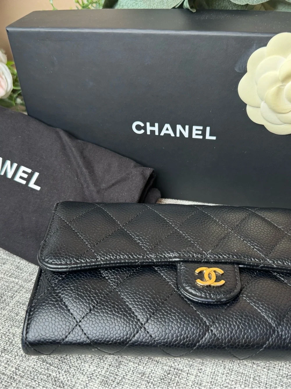 NCHANEL Black Quilted Caviar Leather Caviar Long Flap Wallet Black with Gold CC